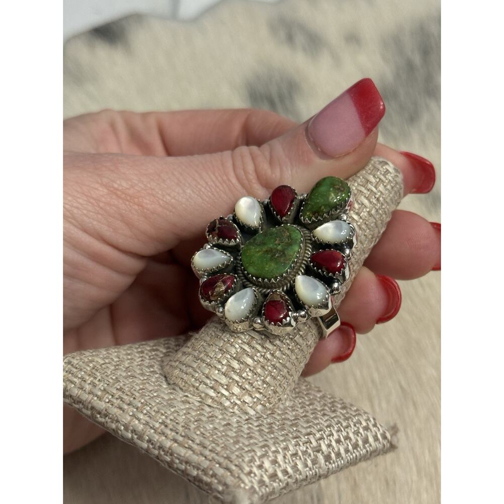 Sterling Silver Sonoran Gold Turquoise Red Dahlia MOP Huge Cluster Ring Adjust - Picture 13 of 14